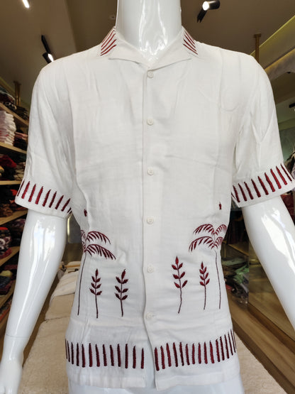 Men's  cotton Linen Half Sleeves Shirts with embroidery pattern.